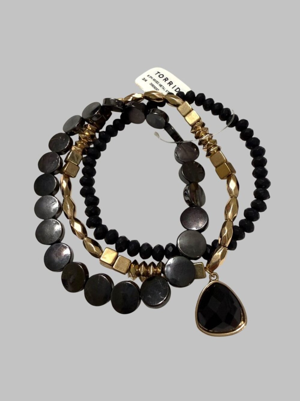 NWT Torrid 3PK Mixed Metal Stretch Bracelets Black Gold Accents Faceted Pendant